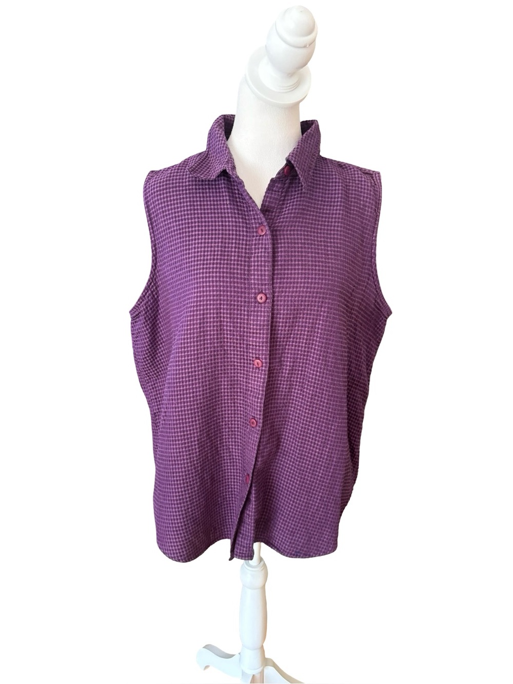 LL Bean Cotton Sleeveless Vest Purple Gingham Checked Womens Size Large